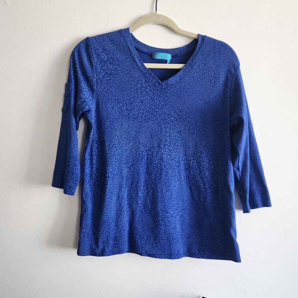 Fresh Produce blue floral 3/4 sleeves v neck L top everyday casual comfort layer